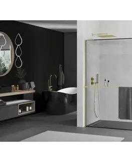 Sprchové dvere MEXEN/S - Kioto+ L Sprchová zástena WALK-IN s poličkou a držiakom uterákov 90 x 200, čierny vzor, zlatá kartáčovaná 800-090-123-55-70