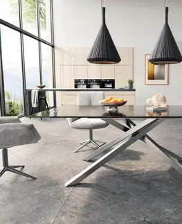 Jedálenské stoly DELIFE Jedálenský stôl Edge 200x100 reliéfne sklo dymovo čierna 3D dizajn krížová podstava hranatý nerezová oceľ