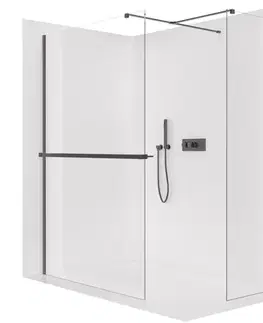 Držadlá k vani CERANO - Sprchová zástěna Walk-in Onyx T L/P - 8 mm - hranatá vzpěra + polička/držák na ručníky - černá matná, transparentní sklo - 100x50x200  CER-8050BD3956