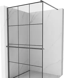 Sprchové dvere MEXEN/S - Kioto+ Sprchová zástena WALK-IN s poličkou a držiakom uterákov 100 x 200, čierny vzor, grafit kartáčovaná 800-100-121-66-77