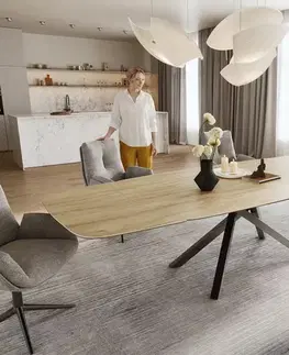 Jedálenské stoly DELIFE Jedálenský stôl Edge zaoblený 200-300×120 cm keramika Laminam® sabbia dubová krížová podstava hranatý nerezová oceľ grafit rozkladací