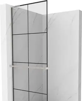 Sprchové dvere MEXEN/S - Kioto+ L Sprchová zástena WALK-IN s poličkou a držiakom uterákov 80 x 200, čierny vzor, nikl kartáčovaná 800-080-123-97-77