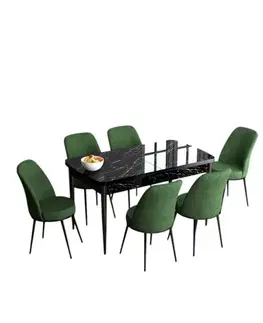 Jedálenské sety Extendable Dining Table & Chairs Set (7 Pieces) Han - Black Marble, Khaki