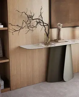 Konzolové stolíky DELIFE Konzolový stolík Edge zaoblený tvar 180×40 cm keramika Minas Melange bielo-béžová Livos kov titánová farba