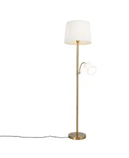 Lampy Klasická stojaca lampa bronzová látkové tienidlo biele s lampou na čítanie - Retro