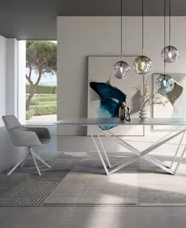 Jedálenské stoly DELIFE Jedálenský stôl Edge zaoblený tvar 240x120 cm reliéfne sklo perleťová 3D dizajn Spider kov biela