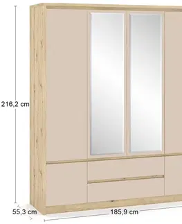 Šatníkové skrine NABBI Daicos W-4D2DRWS štvordverová šatníková skriňa so zrkadlom dub artisan / champagne