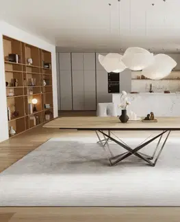 Jedálenské stoly DELIFE Jedálenský stôl Edge zaoblený tvar 240-300×120 cm keramika Laminam® sabbia v dubovej farbe pavúk plochá nerezová oceľ rozkladací