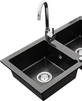 Kuchynské drezy MEXEN/S MEXEN/S - Mario granitový drez 2-bowl vrátane batérie Telma, čierna/strieborný 6504-73-670200-00