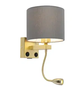Lampy Art Deco nástenná lampa zlatá s USB a sivým tienidlom - Brescia