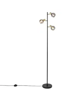 Stojace lampy Stojaca lampa v štýle Art Deco čierna a zlatá s dymovým sklom 3-svetlo - Vidro