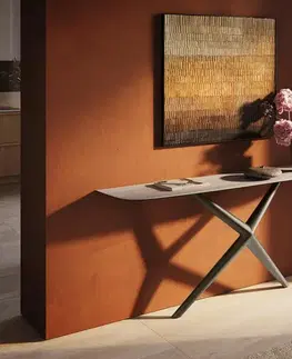 Konzolové stolíky DELIFE Konzolový stolík Edge zaoblený 180×40 cm keramika Laminam® Travertino Bianco krémovo biela Estelo kov titánová farba