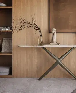 Konzolové stolíky DELIFE Konzolový stolík Edge zaoblený tvar 180×40 cm keramika Minas Melange bielo-béžová Estelo kov titánová farba