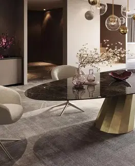 Jedálenské stoly DELIFE Jedálenský stôl Edge oválny 280x130 keramika Laminam® Emperador extra lesklý tmavohnedá parabolická metalická zlatá
