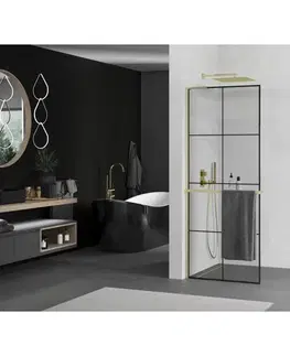 Sprchové dvere MEXEN/S - Kioto+ L Sprchová zástena WALK-IN s poličkou a držiakom uterákov 70 x 200, čierny vzor, zlatá kartáčovaná 800-070-123-55-77