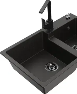 Kuchynské drezy MEXEN/S MEXEN/S - Tomas granitový drez 2-bowl vrátane batérie Rita, čierna/zlatá metalik 6516-75-670300-70-B