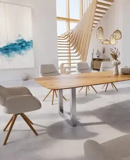Jedálenské stoly DELIFE Jedálenský stôl Edge zaoblený tvar 300x120x2,5-3 dub prírodný nerezová oceľ široký švajčiarska hrana