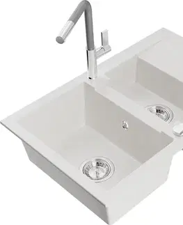 Kuchynské drezy MEXEN/S MEXEN/S - Gaspar granitový drez 1.5 s odkvapkávačom vrátane batérie Flora, biela 6507-20-670401-06