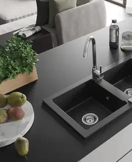 Kuchynské drezy MEXEN/S MEXEN/S - Mario granitový drez 2-bowl vrátane batérie Telma, čierna/strieborný 6504-73-670200-00