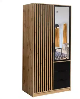 Šatníkové skrine Skriňa Bali D2 lux čierna/wotan/zrkadlo