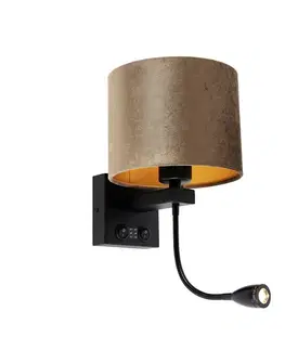 Lampy Nástenná lampa čierna s hnedým zamatovým tienidlom 18 cm - Brescia