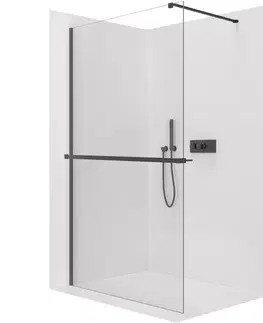 Držadlá k vani CERANO - Sprchová zástěna Walk-in Onyx Cube L/P - 8 mm + polička/držák na ručníky - hranatá vzpěra - černá matná, transparentní sklo - 90x200  CER-8050BD731