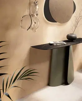 Konzolové stolíky DELIFE Konzolový stolík Edge zaoblený 140×40 cm keramika Laminam® Noir Desir hnedá Livos kov titánová farba