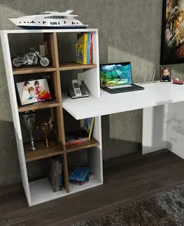 Písacie stoly WONDER PC stôl s regálom, biela / orech