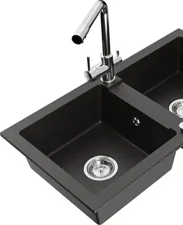 Kuchynské drezy MEXEN/S MEXEN/S - Mario granitový drez 2-bowl vrátane batérie Duero, čierna/zlatá metalik 6504-75-671600-00