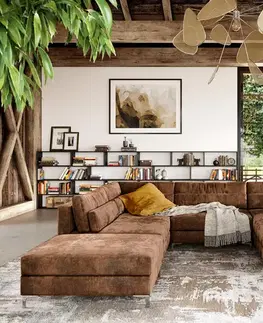 Sedacie súpravy XL DELIFE Pohovka v tvare U Elio 300x185 cm imitácia kože vintage hnedá antik s taburetom