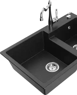 Kuchynské drezy MEXEN/S MEXEN/S - Tomas granitový drez 2-bowl vrátane batérie Carla, čierna/strieborná metalík 6516-73-670700-00