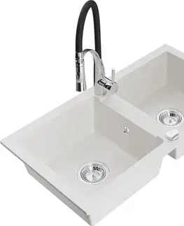 Kuchynské drezy MEXEN/S MEXEN/S - Mario granitový drez 2-bowl vrátane batérie Aster, biela 6504-20-73450-07