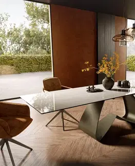 Jedálenské stoly DELIFE Jedálenský stôl Edge 300×100 cm keramika onyx šampanské podstava v tvare W kov titánová farba