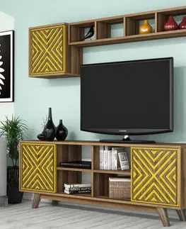 Obývacie steny TV skrinka / Obývacia stena Inci - Walnut, Yellow
