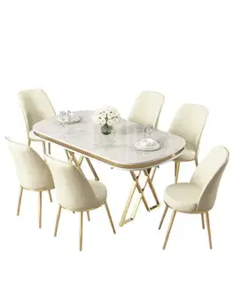 Jedálenské sety Dining Table & Chairs Set (7 Pieces) Lai - White, Gold, Cream