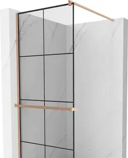 Sprchové dvere MEXEN/S - Kioto+ Sprchová zástena WALK-IN s poličkou a držiakom uterákov 90 x 200, čierny vzor, meď kartáčovaná 800-090-121-65-77