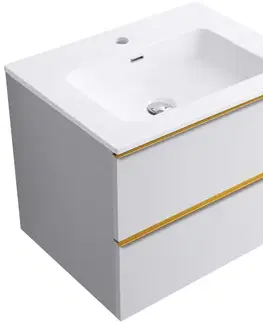Kúpeľňový nábytok CERANO - Kúpeľňová skrinka Velora - biela matná, úchytka zlatá + keramické umývadlo Novo - biela lesklá - 71x54,5x46,5 CER-979885