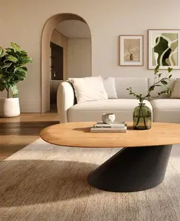 Konferenčné stolíky DELIFE Konferenčný stolík Edge oválny 140x75 cm dub prírodný zaoblená hrana Conis kov čierna