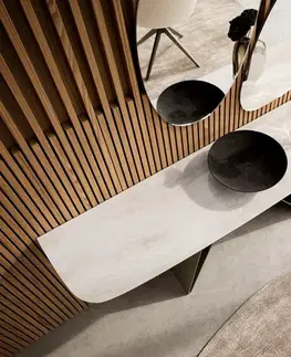 Konzolové stolíky DELIFE Konzolový stolík Edge zaoblený tvar 180×40 cm keramika onyx šampanské Velio kov titánová farba