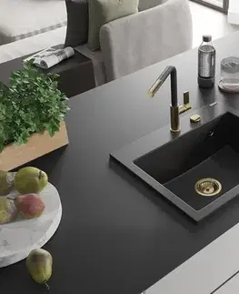 Kuchynské drezy MEXEN/S MEXEN/S - Oscar granitový drez 580 x 490 mm, čierna, zlatý sifón 6519581000-77-G