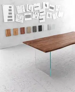 Jedálenské stoly DELIFE Jedálenský stôl Edge 200x100 akácia hnedá sklo Live-Edge