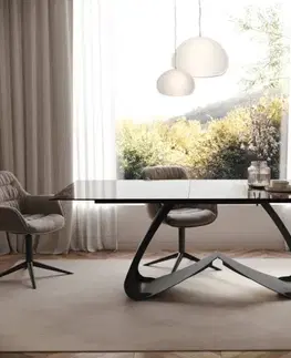 Jedálenské stoly DELIFE Jedálenský stôl Edge 180-220x100 keramika Laminam® Emperador Extra Lucidato tmavohnedá podstava v tvare W čierna rozkladací