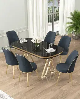 Jedálenské sety Dining Table & Chairs Set (7 Pieces) Lai - Black Marble, Gold, Anthracite