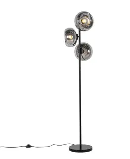 Stojace lampy Stojaca lampa v štýle Art Deco čierna s dymovým sklom 3-svetlo - Ayesha