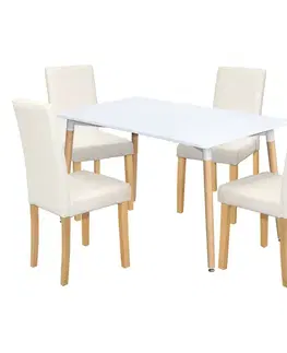 Jedálenské sety Jedálenský stôl UNO 140x90 biely + 4 stoličky PRIMA biela/svetlé nohy