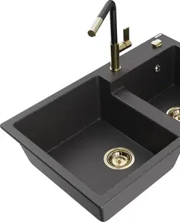 Kuchynské drezy MEXEN/S MEXEN/S - Tomas granitový drez 2-bowl vrátane batérie Flora, čierna kropenatá 6516-76-670401-57-G