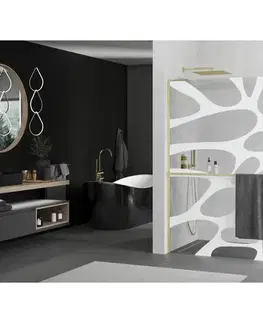 Sprchové dvere MEXEN/S - Kioto+ L Sprchová zástena WALK-IN s poličkou a držiakom uterákov 100 x 200, biely vzor, zlato kartáčovaná 800-100-123-55-97