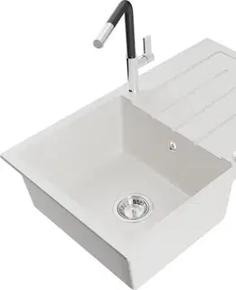 Kuchynské drezy MEXEN/S MEXEN/S - Bruno granitový drez 1 s odkvapkávačom vrátane batérie Flora, biela 6513-20-670401-07