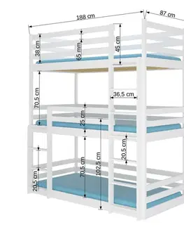 Postele NABBI Tarevo drevená trojposchodová posteľ s matracmi 80x180 cm biela