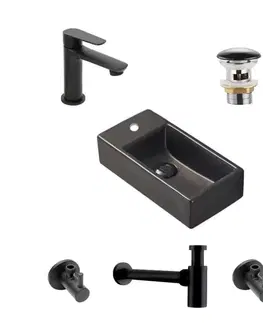 Kúpeľňové batérie SAT - Koupelnový set levého závěsného umývátka Brevis 40,5 cm, pákové baterie, sifonu, průtočné zátky a roháčků v černé barvě KSETBRE2LBKM KSETBRE2LBKM